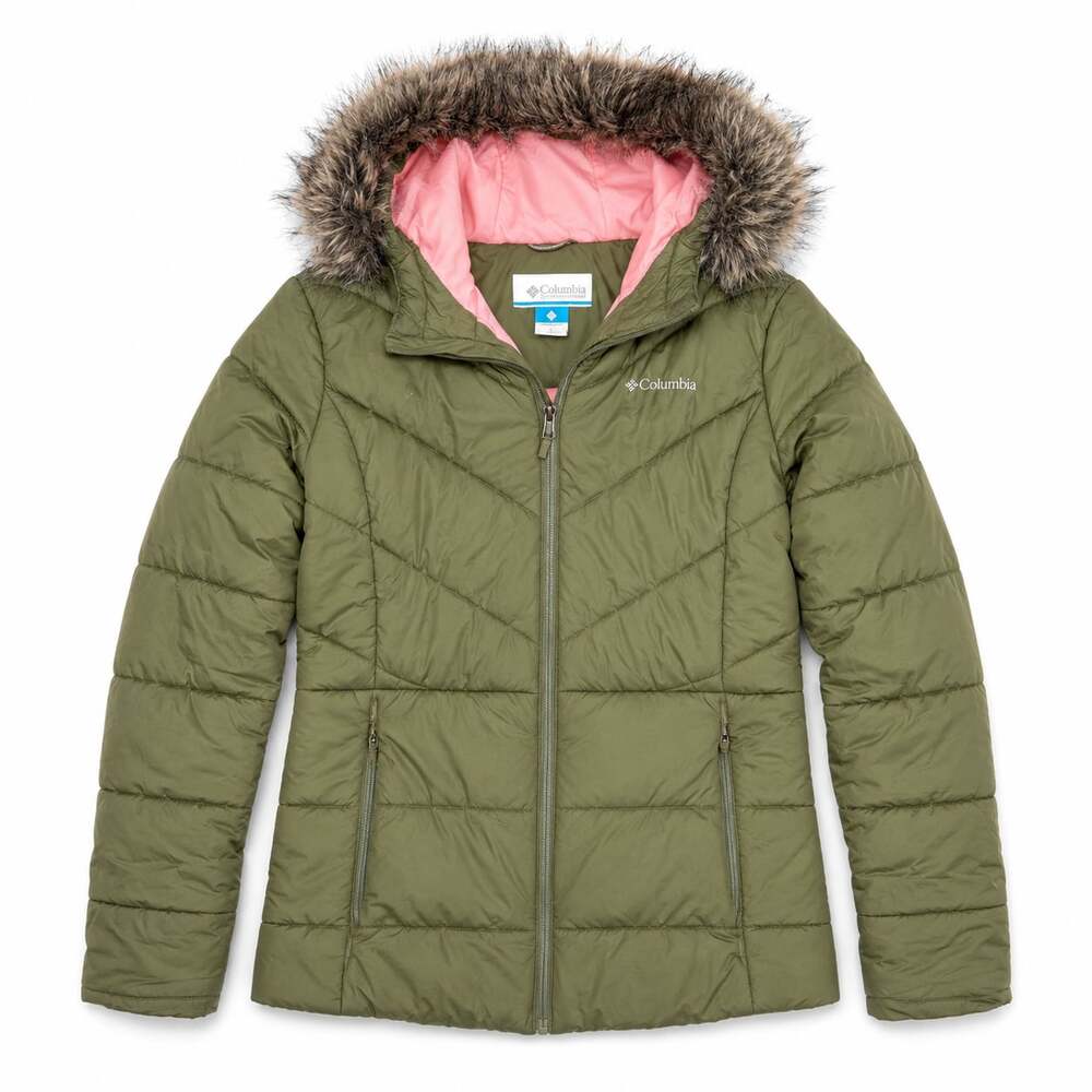 Columbia Sportswear Women's Puffer Jacket Olive Green Faux Fur Hood Size XL